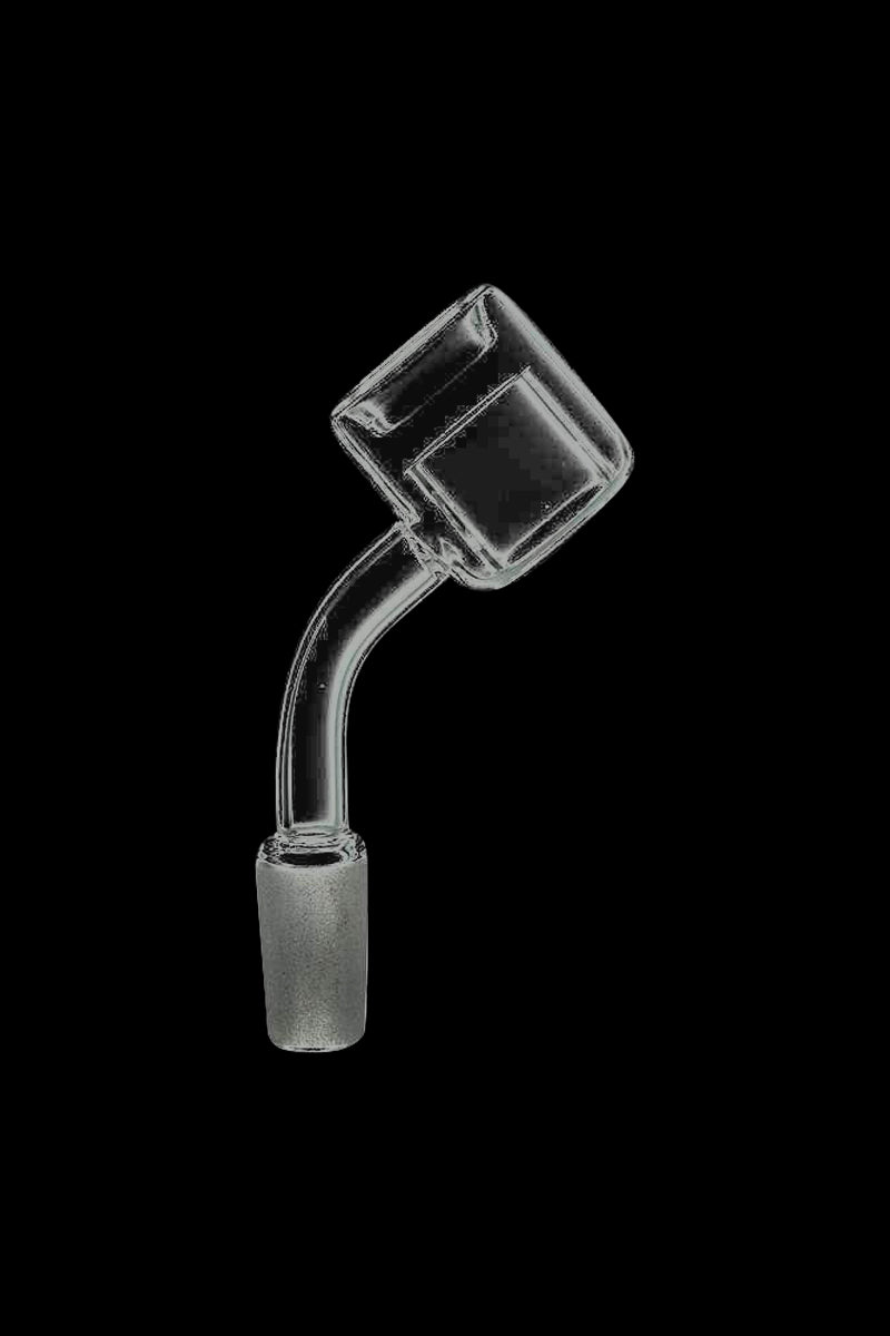 Angled close-up of the clear Thermal Chamber Quartz Banger Nail against a black background, showing its curved neck and square cup.