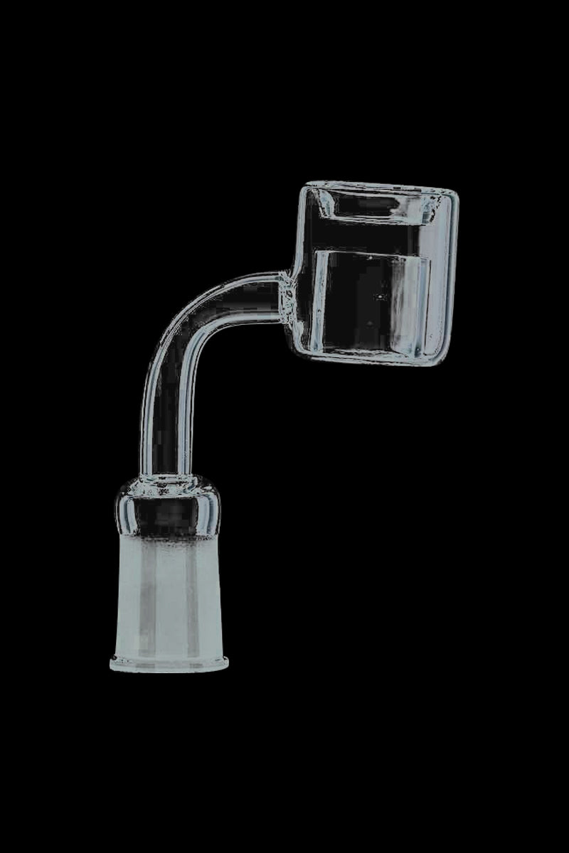 Side view of a clear Thermal Chamber Quartz Banger Nail against a black background, showing its angled neck and square bucket.
