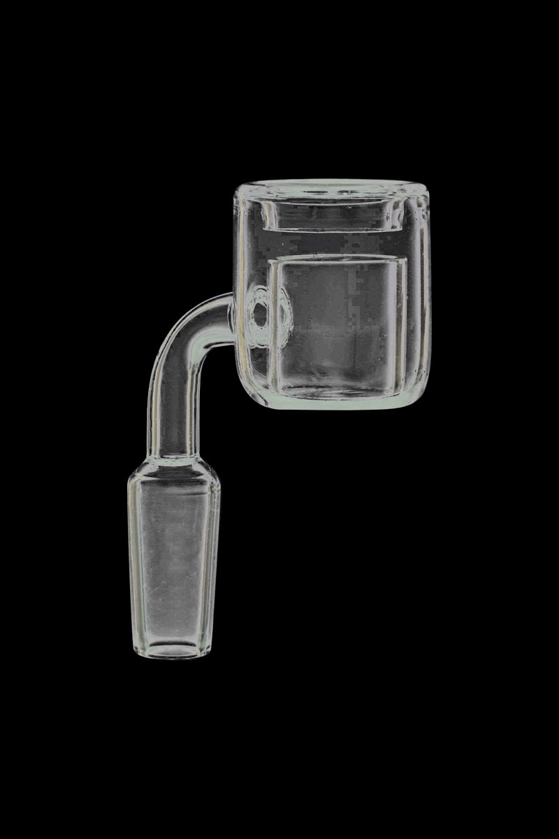 Side view of a clear Thermal Chamber Quartz Banger Nail with a 45° bent joint against a black background.