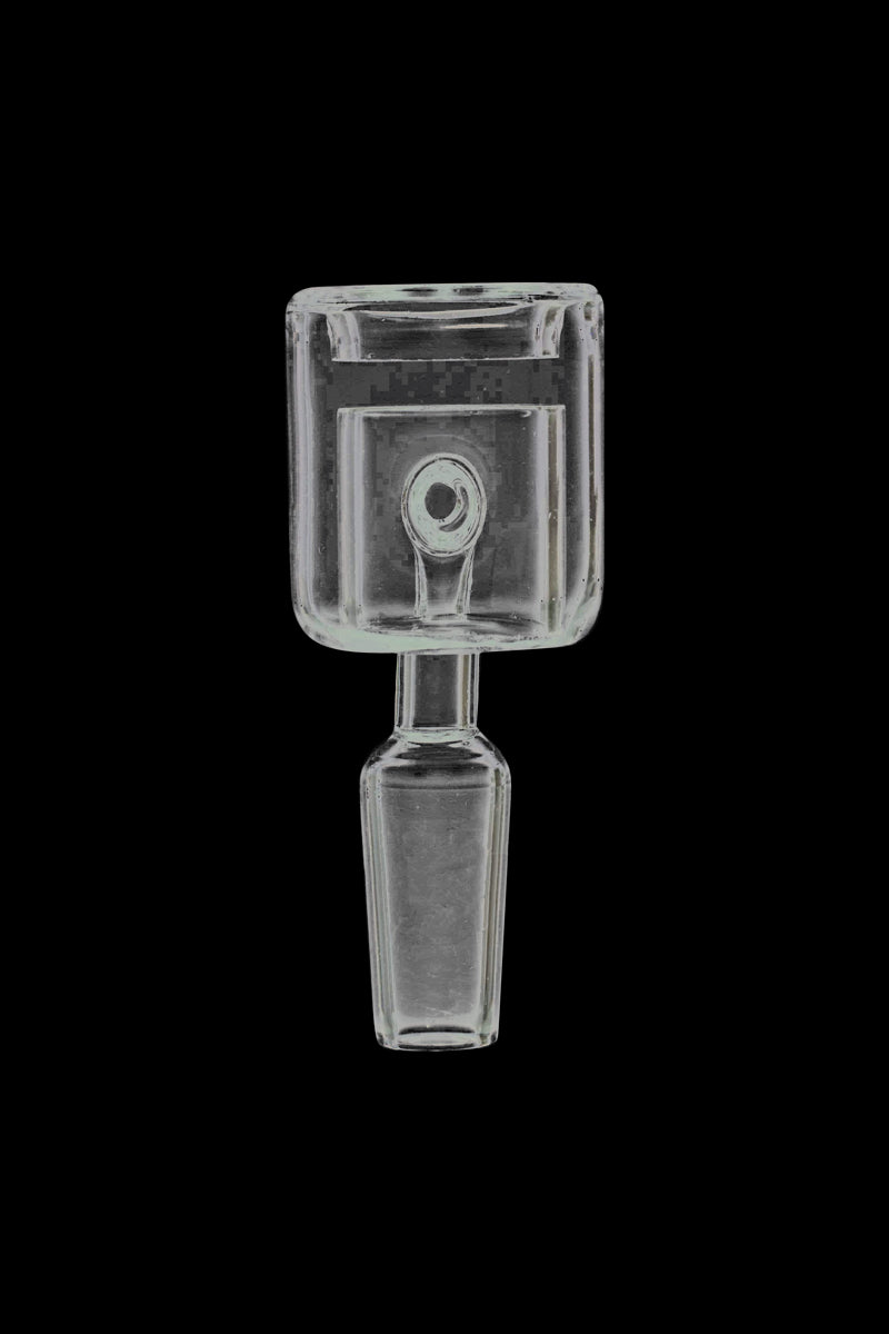 Centered front view of a clear Thermal Chamber Quartz Banger Nail against a black background showing its square chamber and 90° male joint.