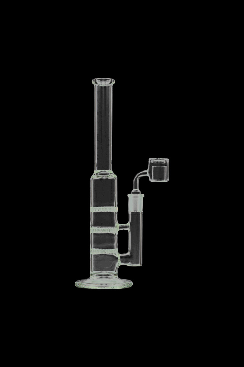 Center-framed studio shot of a clear Thermal Chamber Quartz Banger Nail with a straight tube, stacked chambers, and 45° male joint against a black background