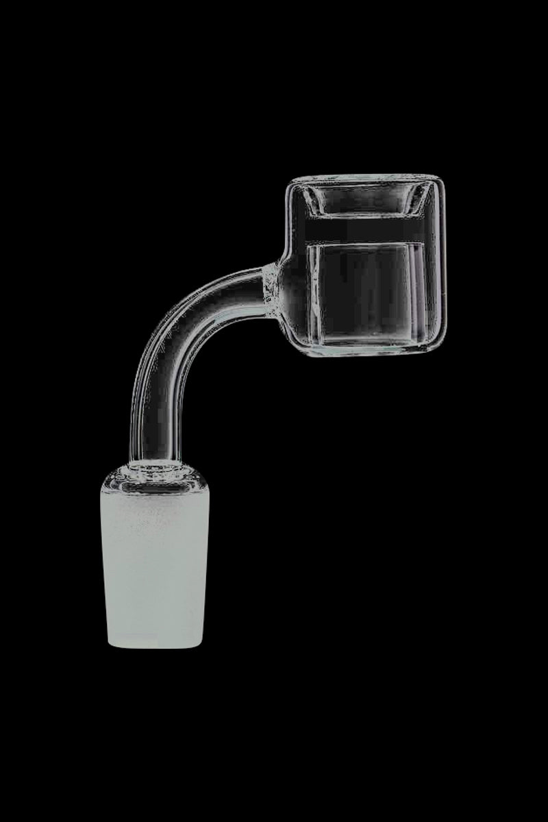 Side profile of a clear Thermal Chamber Quartz Banger Nail against a black background showing the curved neck and square bucket.
