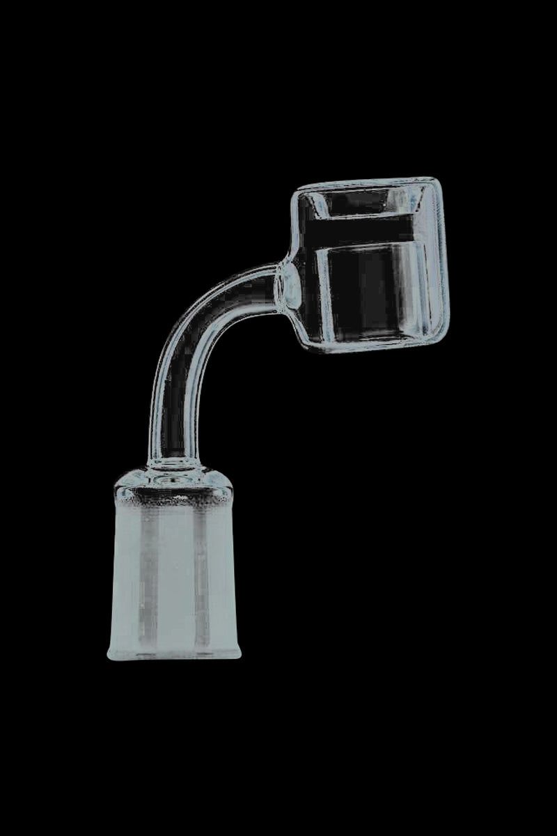Close-up side view of the Thermal Chamber Quartz Banger Nail against a black background, showing its curved neck and square bucket.