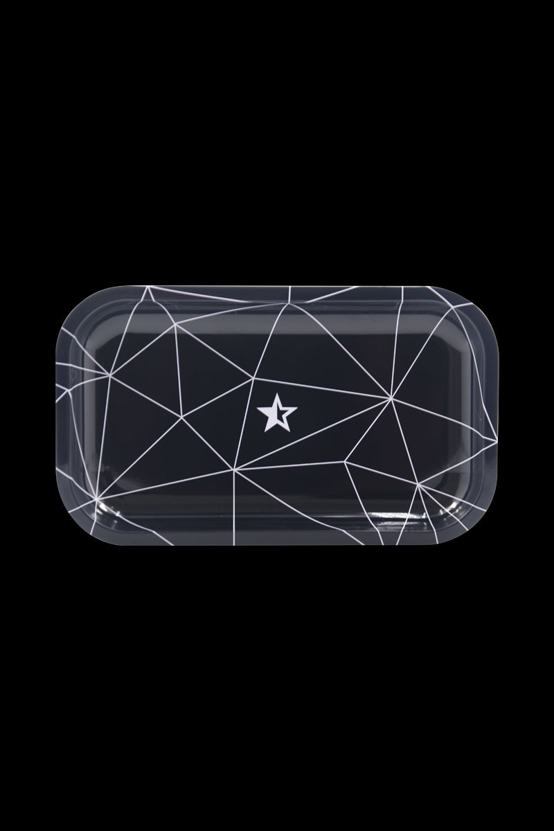 Overhead view of the Famous Brandz “Space” Rolling Tray, displaying a dark patterned surface with geometric shapes.