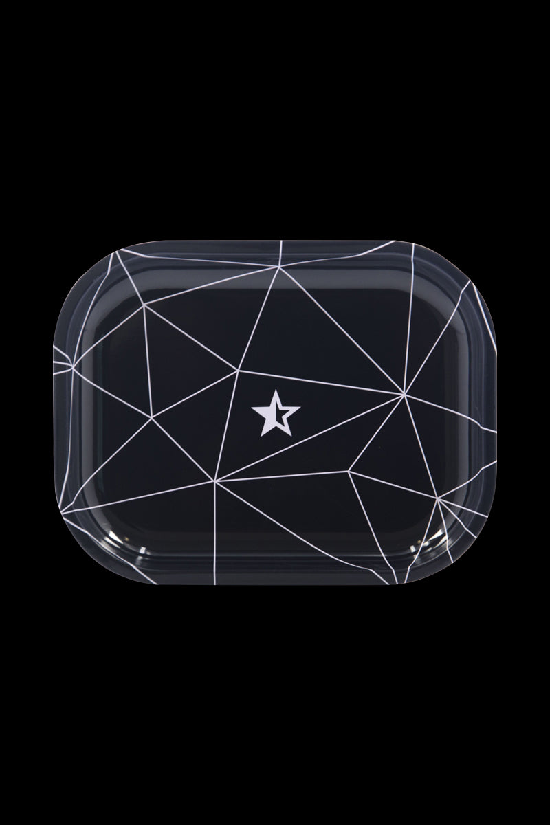 Front view of the “Famous Brandz Space” rolling tray, displaying a black surface with a geometric, white line design.