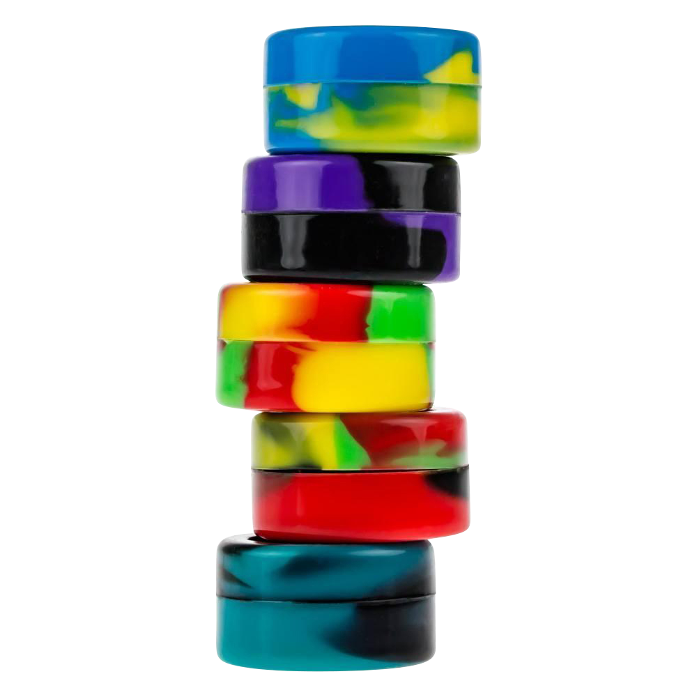 A close-up, top-down view of the Silicone Non-Stick Stash Container, showing a stack of colorful, rounded containers.
