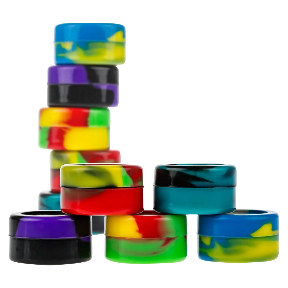 Front view of stacked Silicone Non-Stick Stash Containers in vibrant, assorted colors against a plain white background.