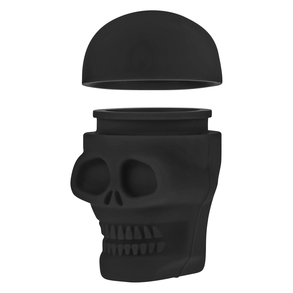 Front view of the Silicone Non-Stick "Skull" Stash Container, with its lid slightly ajar, showing a dark, hollow interior.