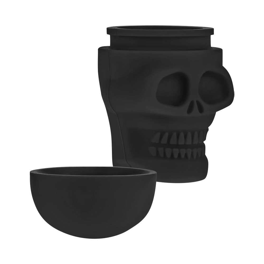 A top-down view of the Silicone Non-Stick "Skull" Stash Container, displaying its dark, skull-shaped design and open lid.
