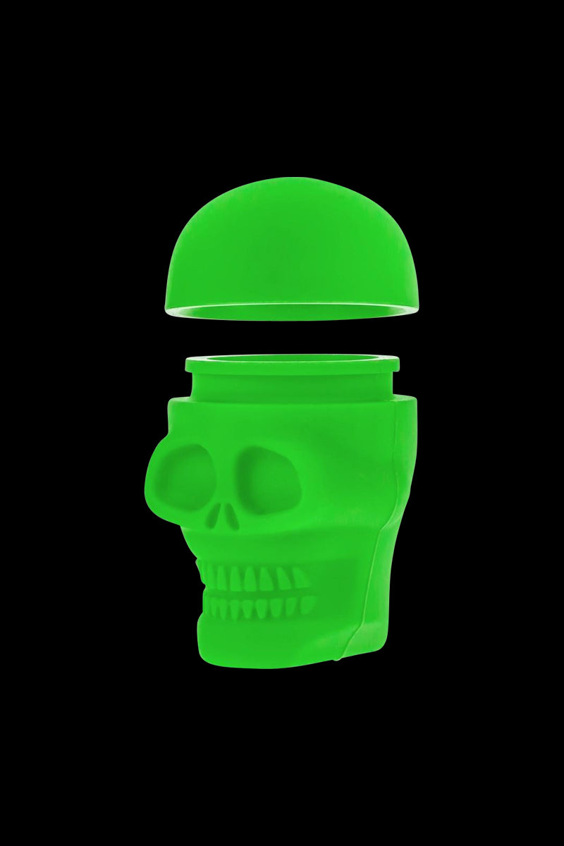 Front view of the Silicone Non-Stick "Skull" Stash Container, a dark-colored, skull-shaped container isolated on a plain white background.