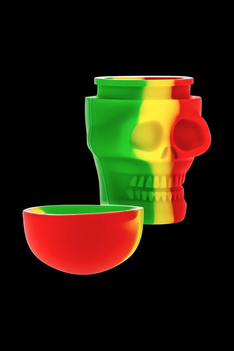 A close-up of the Silicone Non-Stick "Skull" Stash Container, showing its open lid and dark interior against a plain black background.