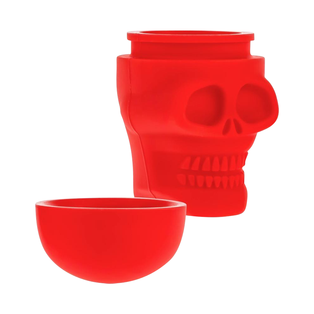 A top-down view of the Silicone Non-Stick "Skull" Stash Container, showing the open, red container resembling a skull.
