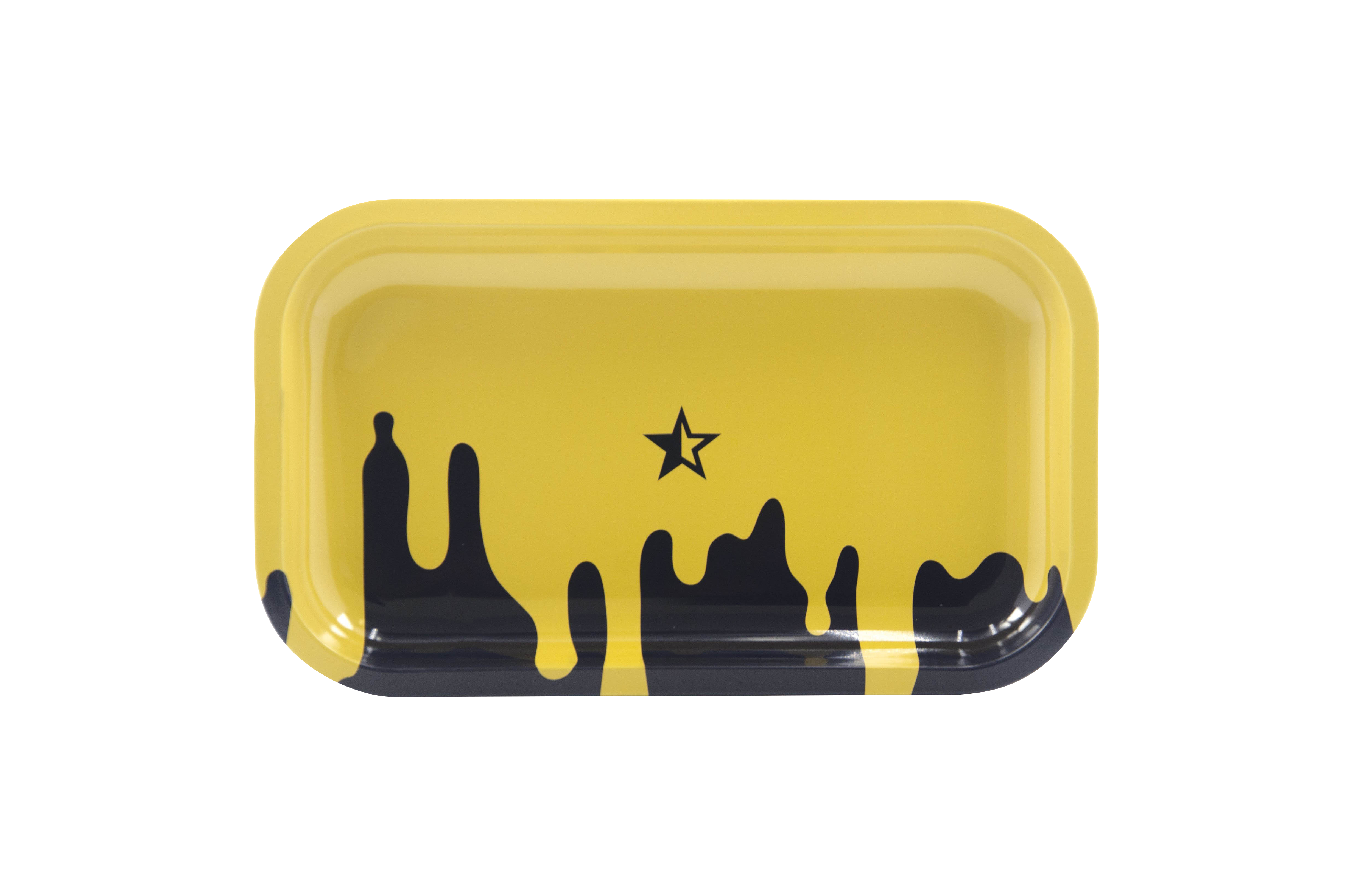 Front view of the Famous Brandz "Surrender" Rolling Tray, showcasing a glossy black surface with a sleek, rectangular design.