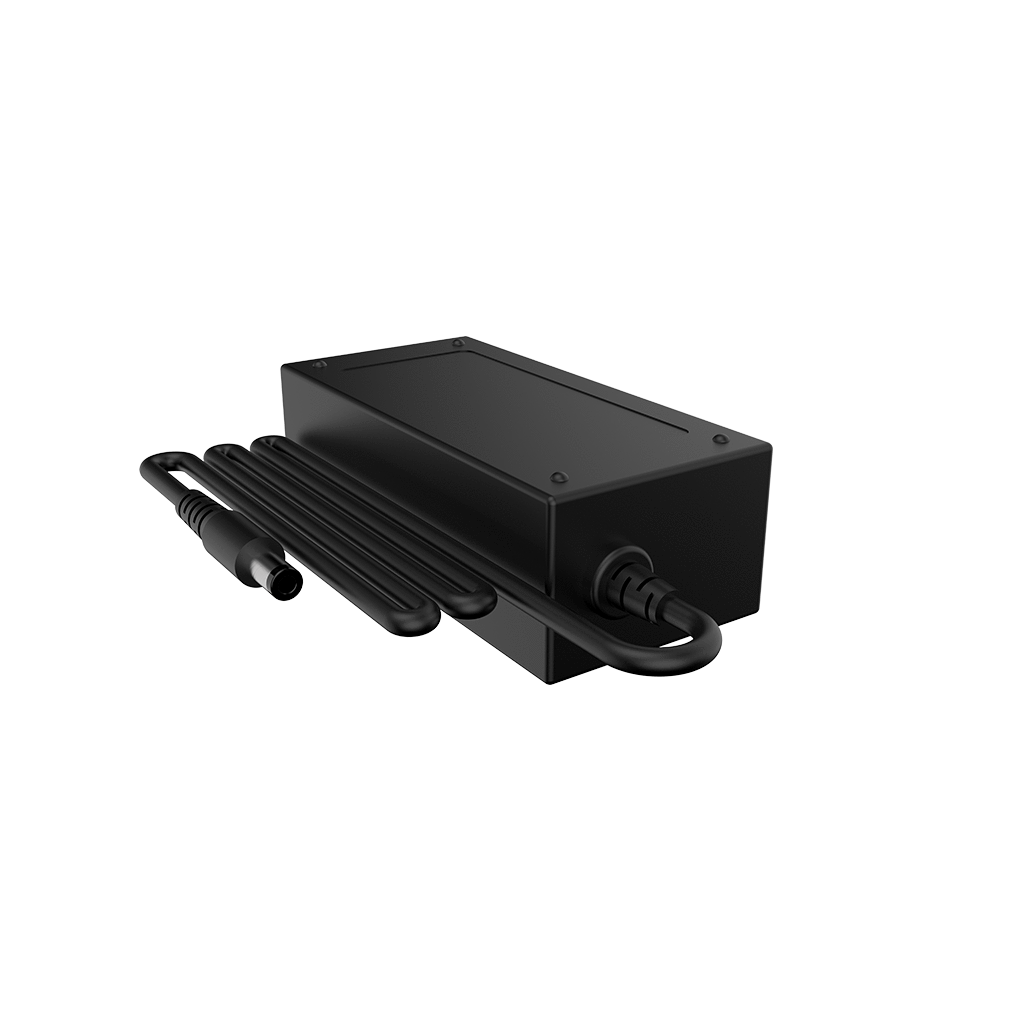 Angled view of the black Dr. Dabber SWITCH Replacement Charging Cable and Adapter with its coiled cable neatly laid alongside the rectangular adapter housing