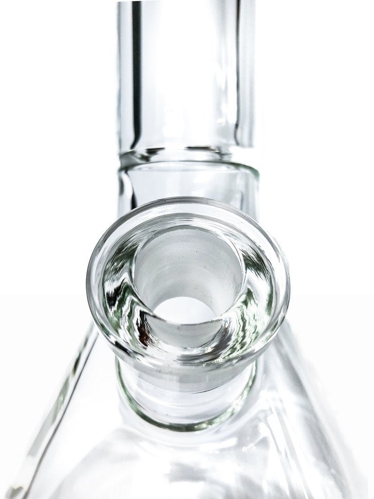 Close-up view of the joint on the Tank Glass "MAX" Beaker Bong, showcasing the clear glass construction and circular opening.
