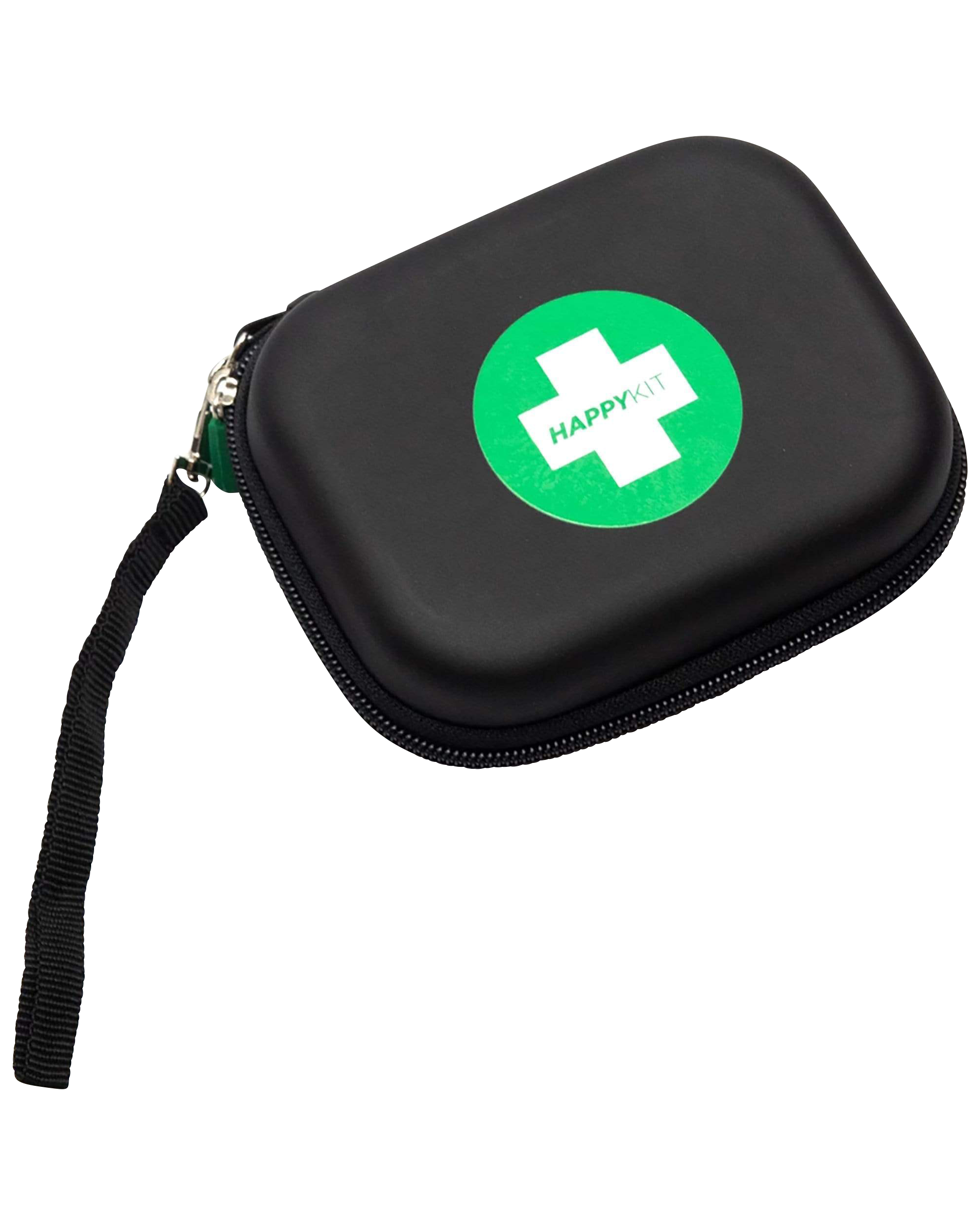 Black zippered travel case with a green and white “HappyKit” medical cross logo.