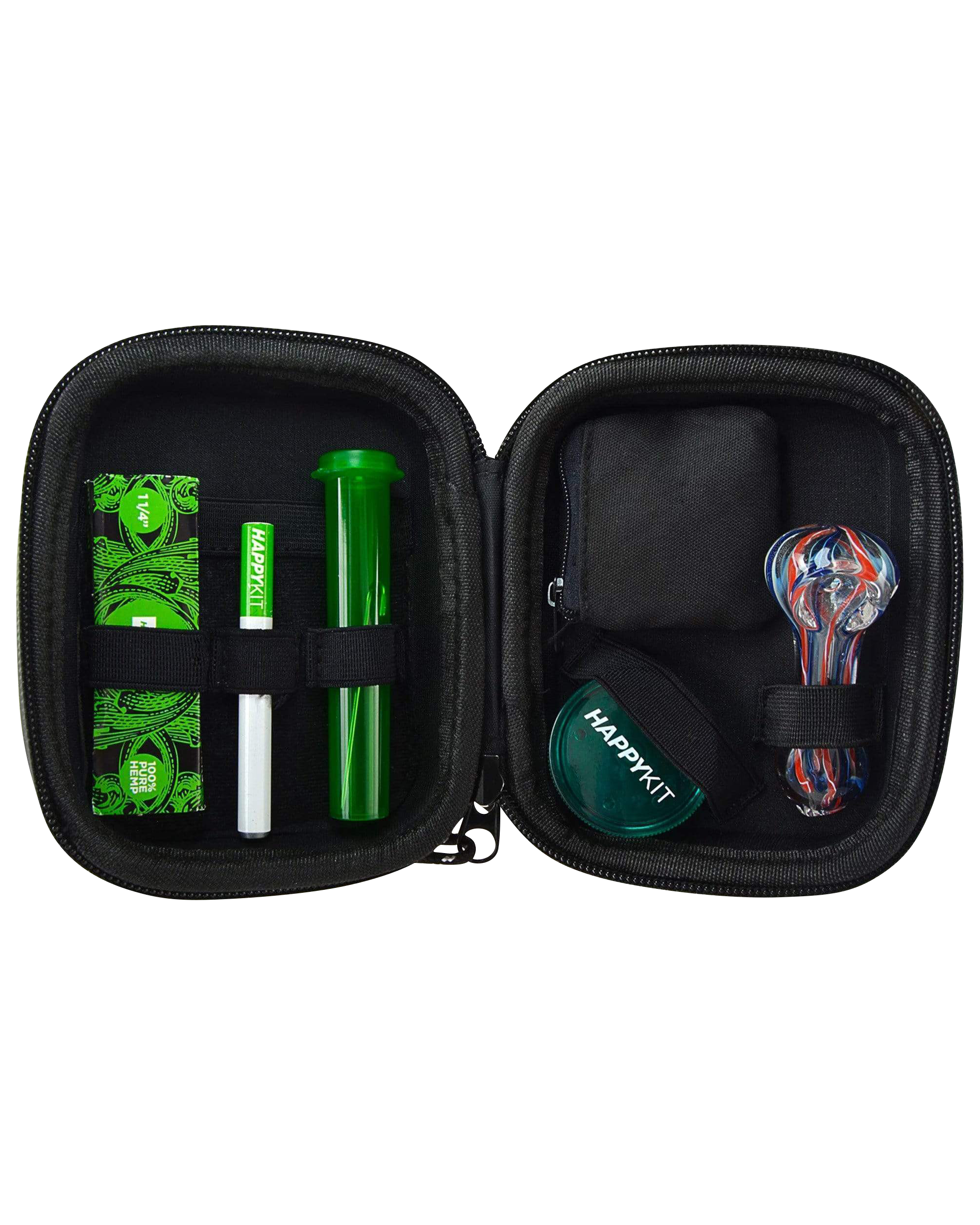 Open black travel case displaying cannabis accessories including a glass pipe, grinders, and storage containers labeled “Happikit.”