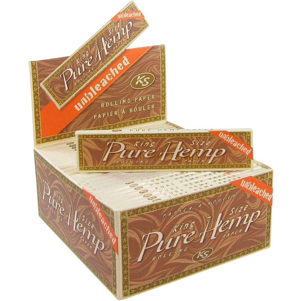 A stack of Pure Hemp King Size Unbleached Rolling Papers against a plain white background, viewed from a slightly above angle.