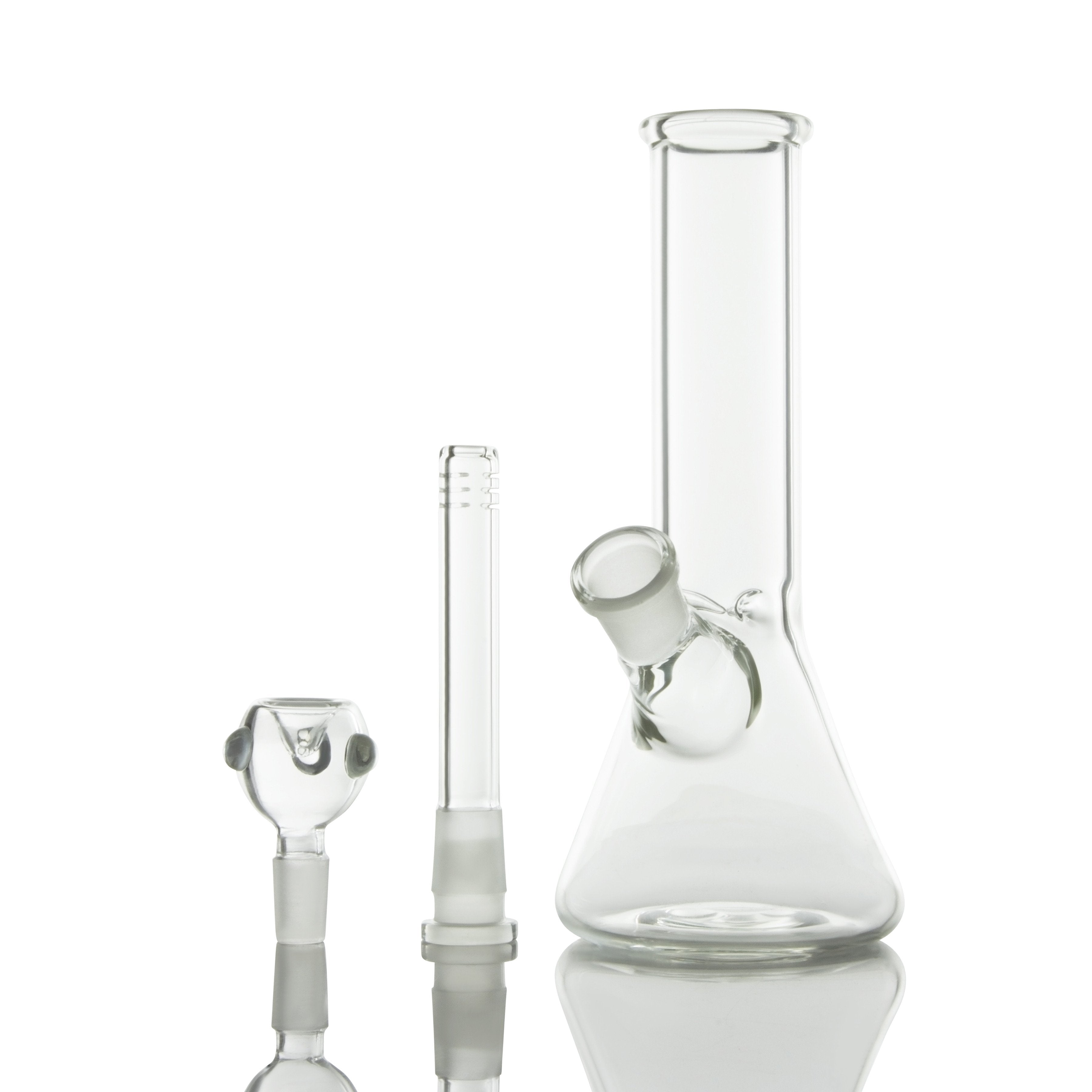 A studio shot of the LA Pipes Basic Beaker Water Pipe - Simply Guy, reflecting off a mirrored surface.