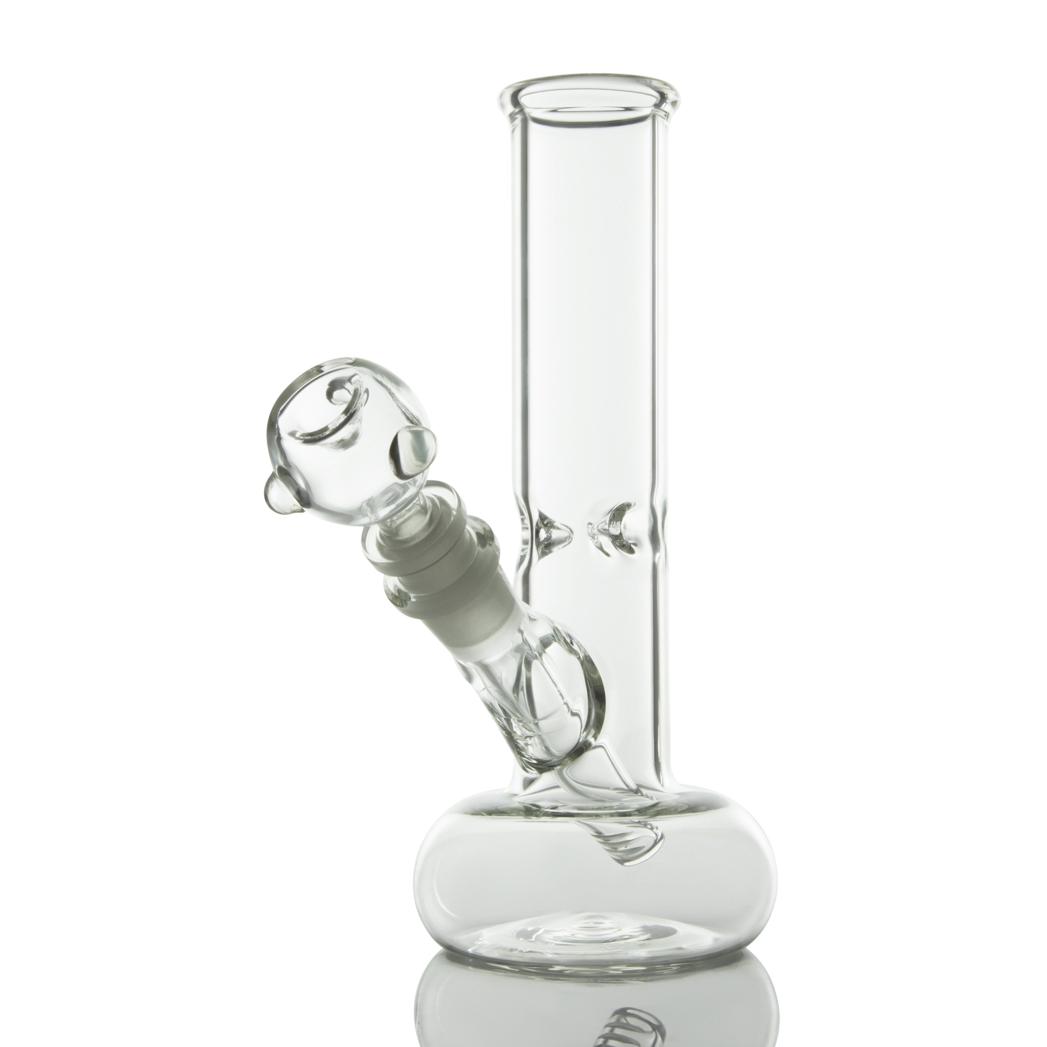 Side view of the clear glass LA Pipes Buoy Base Bong - Simply Guy showing its straight neck, angled joint, and rounded buoy base.