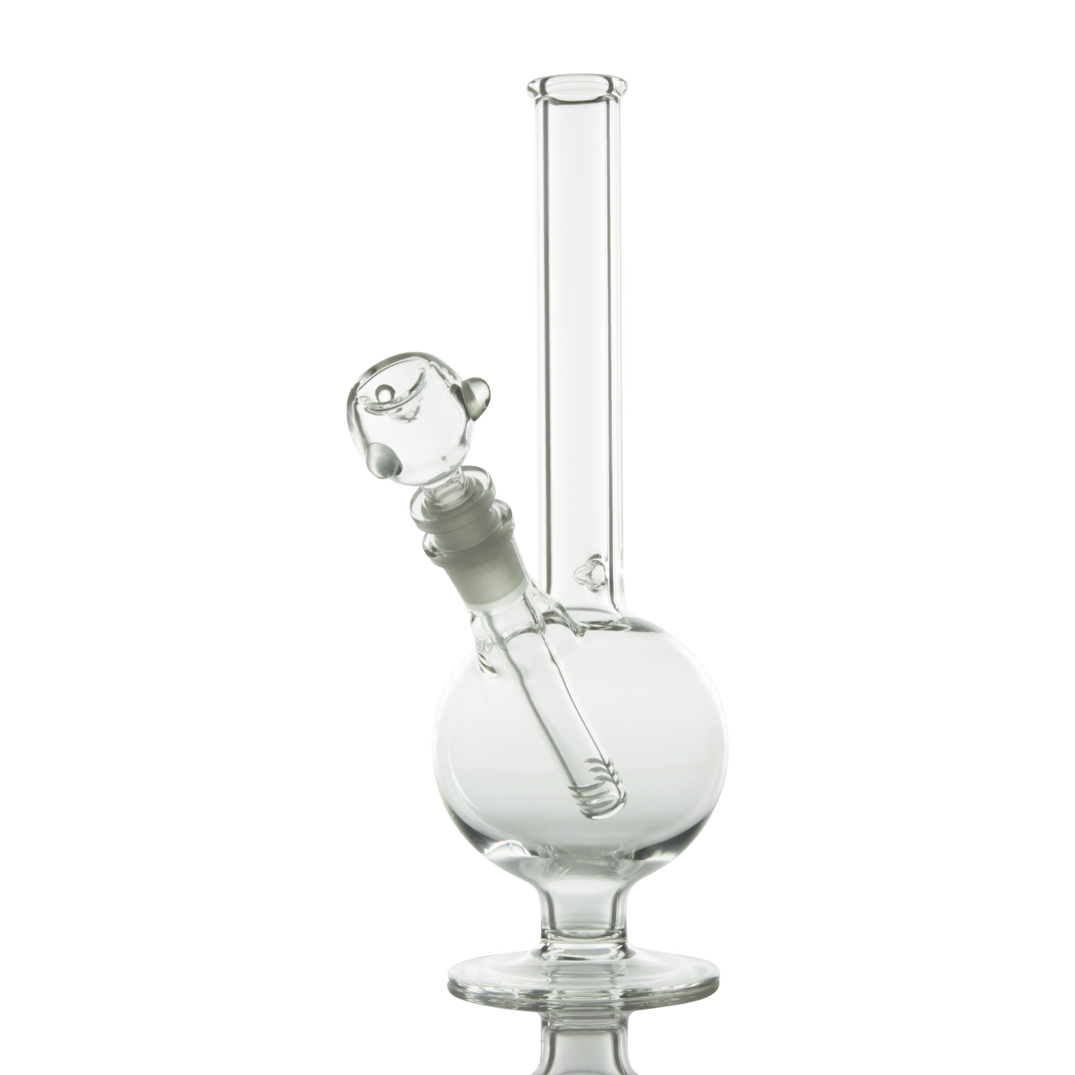 A front view of the LA Pipes Pedestal Basic Water Pipe – Simply Guy, displaying its clear glass construction and simple pedestal base.