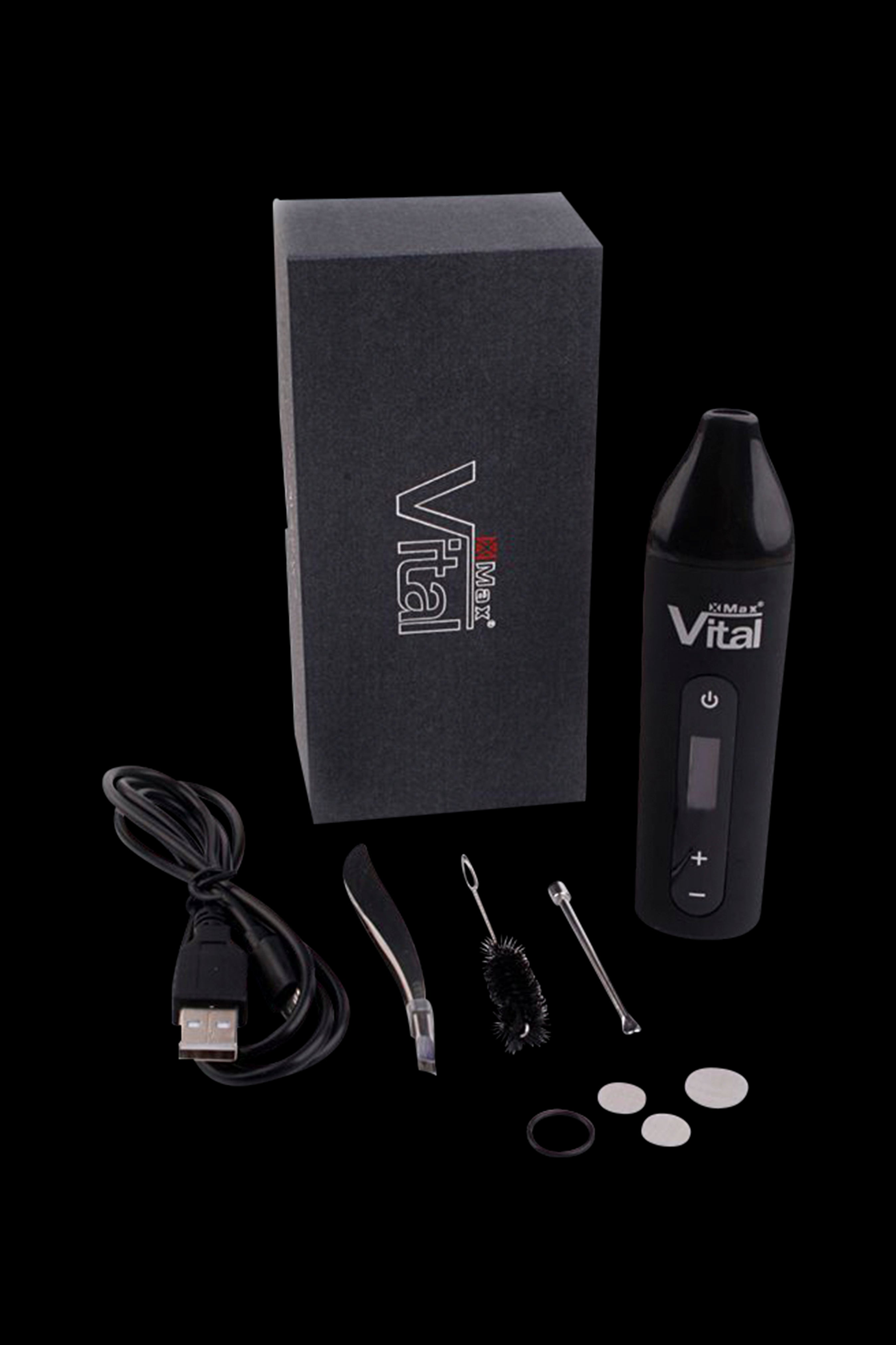 Vital Max cannabis vaporizer pen kit with charging cable, tools, and oil cartridges.