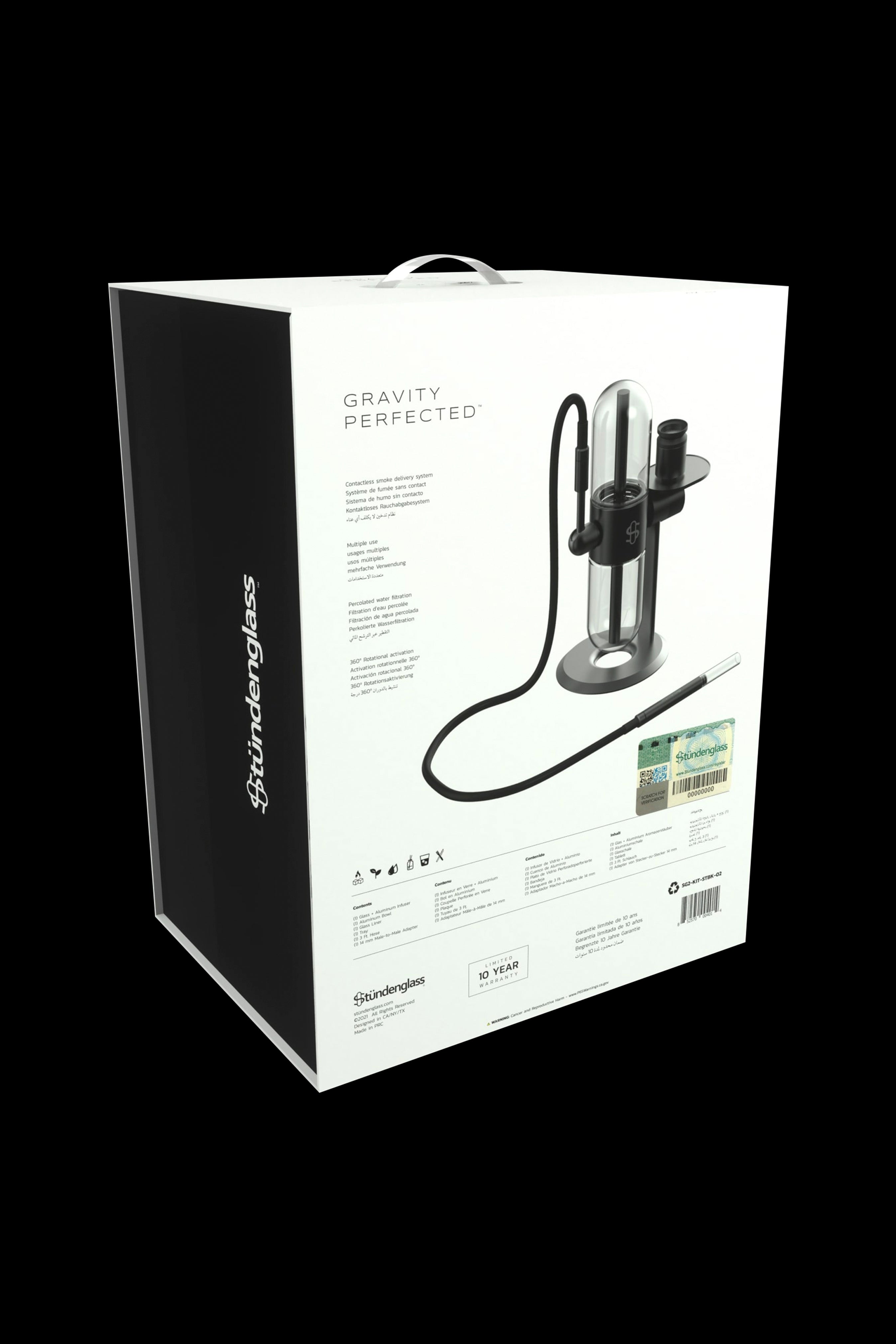 Stündenglass Gravity Hookah packaging displaying a clear glass bubbler with a suspension system and silicone hose.