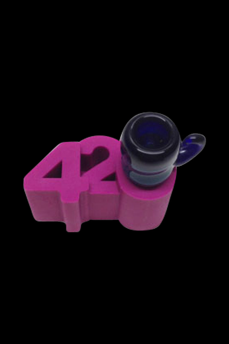 Top-down view of a blue glass bowl resting in the magenta NoGoo 420 Stand shaped as the number "420" against a black background.