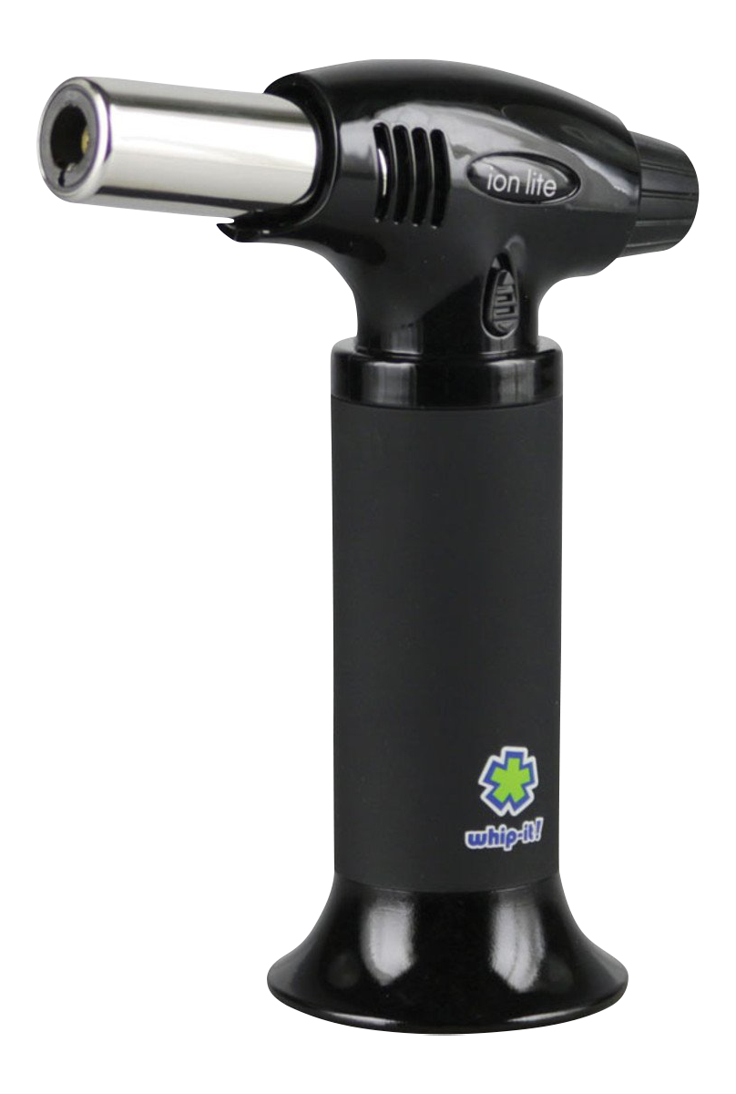 A close-up view of the whip-it! Ion Lite Torch Lighter, showing its black body and metallic nozzle angled slightly upwards.