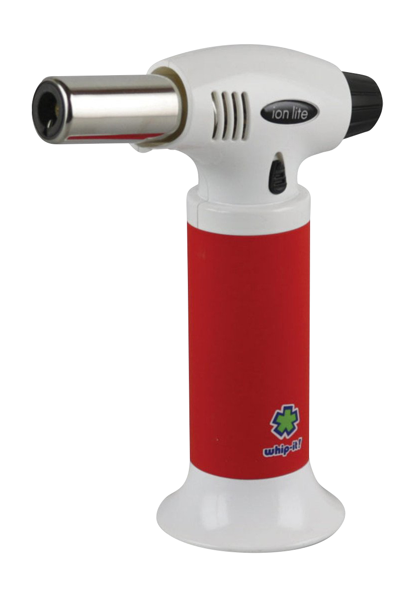 A close-up shot of the whip-it! Ion Lite Torch Lighter with a silver base and black nozzle angled slightly to the right.