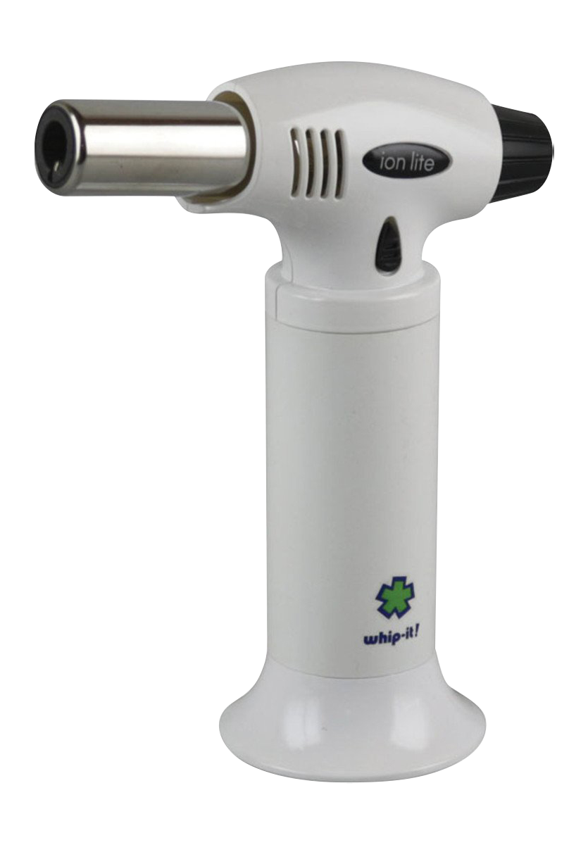Front view of the whip-it! Ion Lite Torch Lighter, displaying a silver and black handheld butane torch with a visible nozzle.