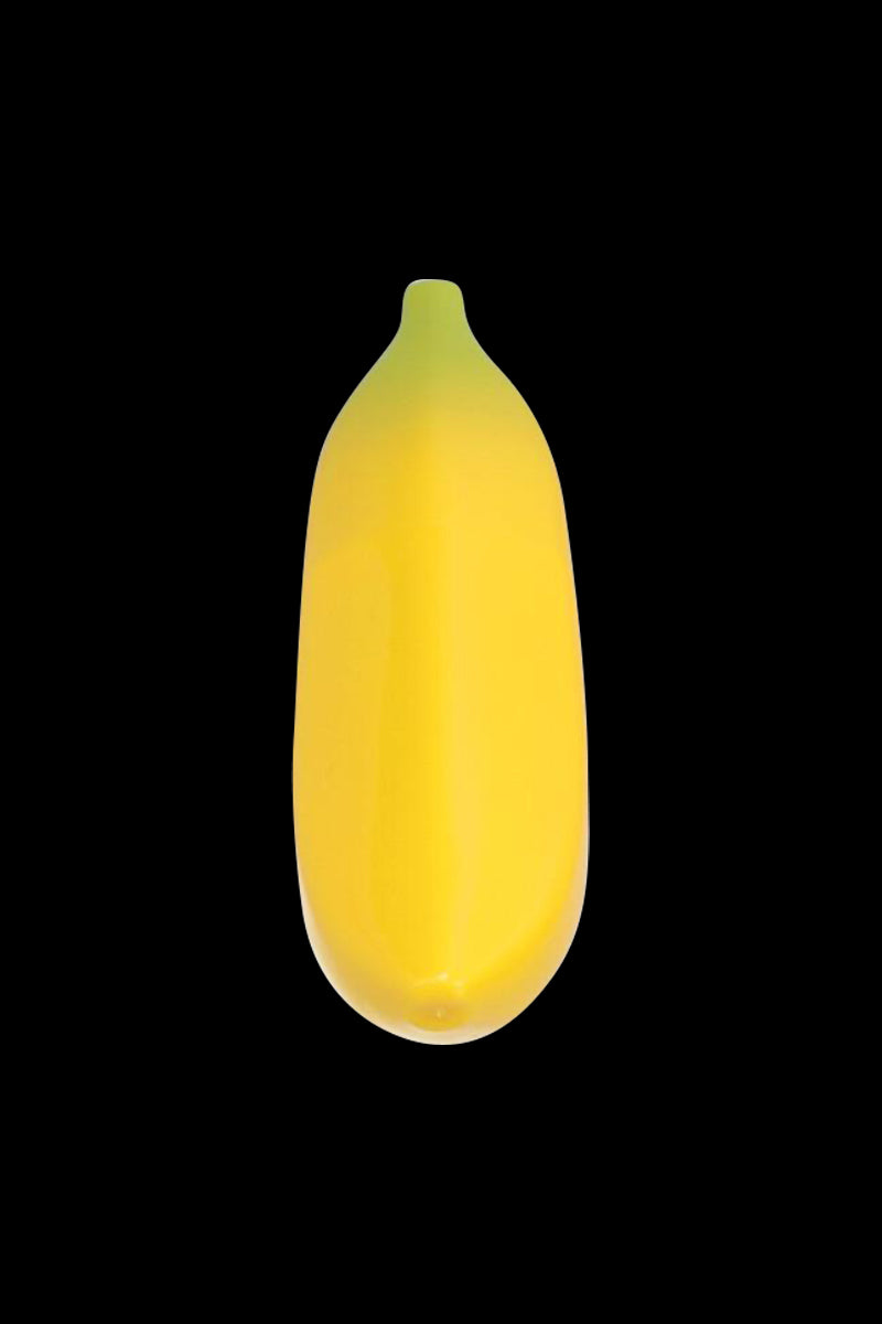 Center-frontal view of the Metal Hand Pipe with Silicone Banana Skin against a solid black background, showing its smooth yellow banana-shaped silicone cover.