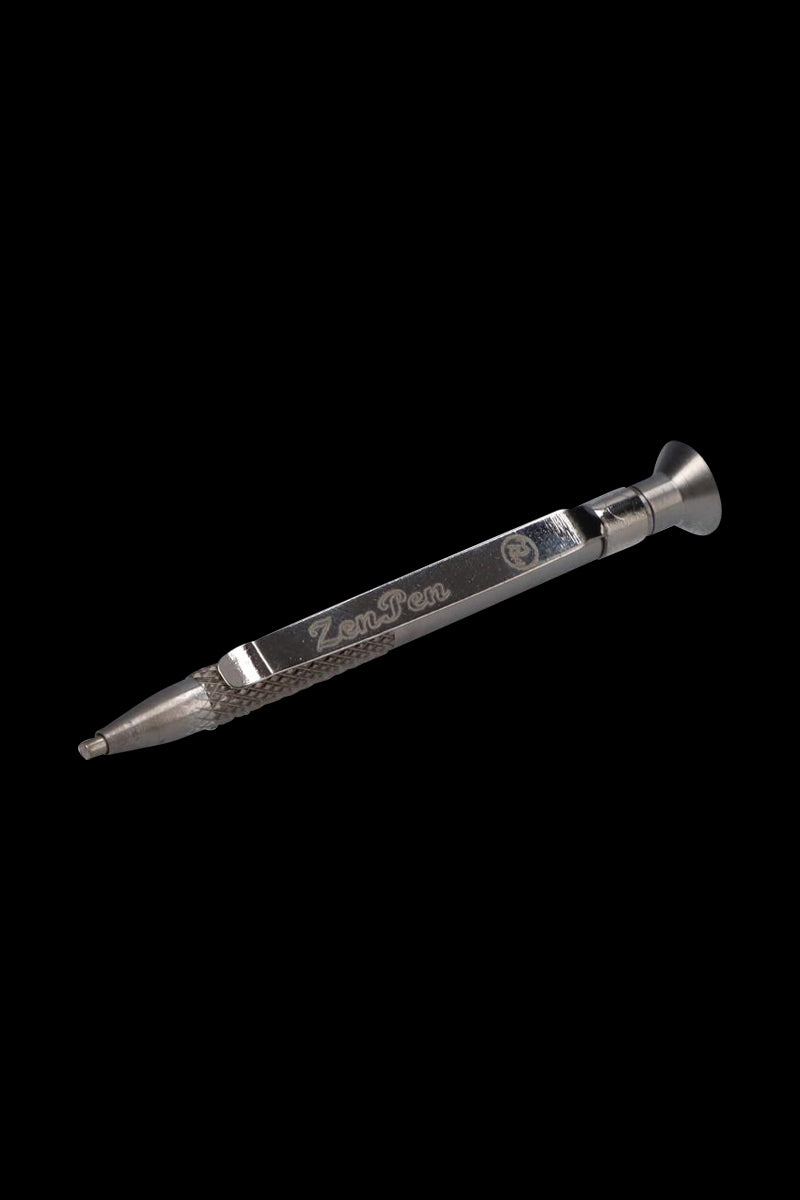 Angled close-up of a metallic THGC ZenPen on a black background showing its engraved logo, knurled grip, and push-button end.