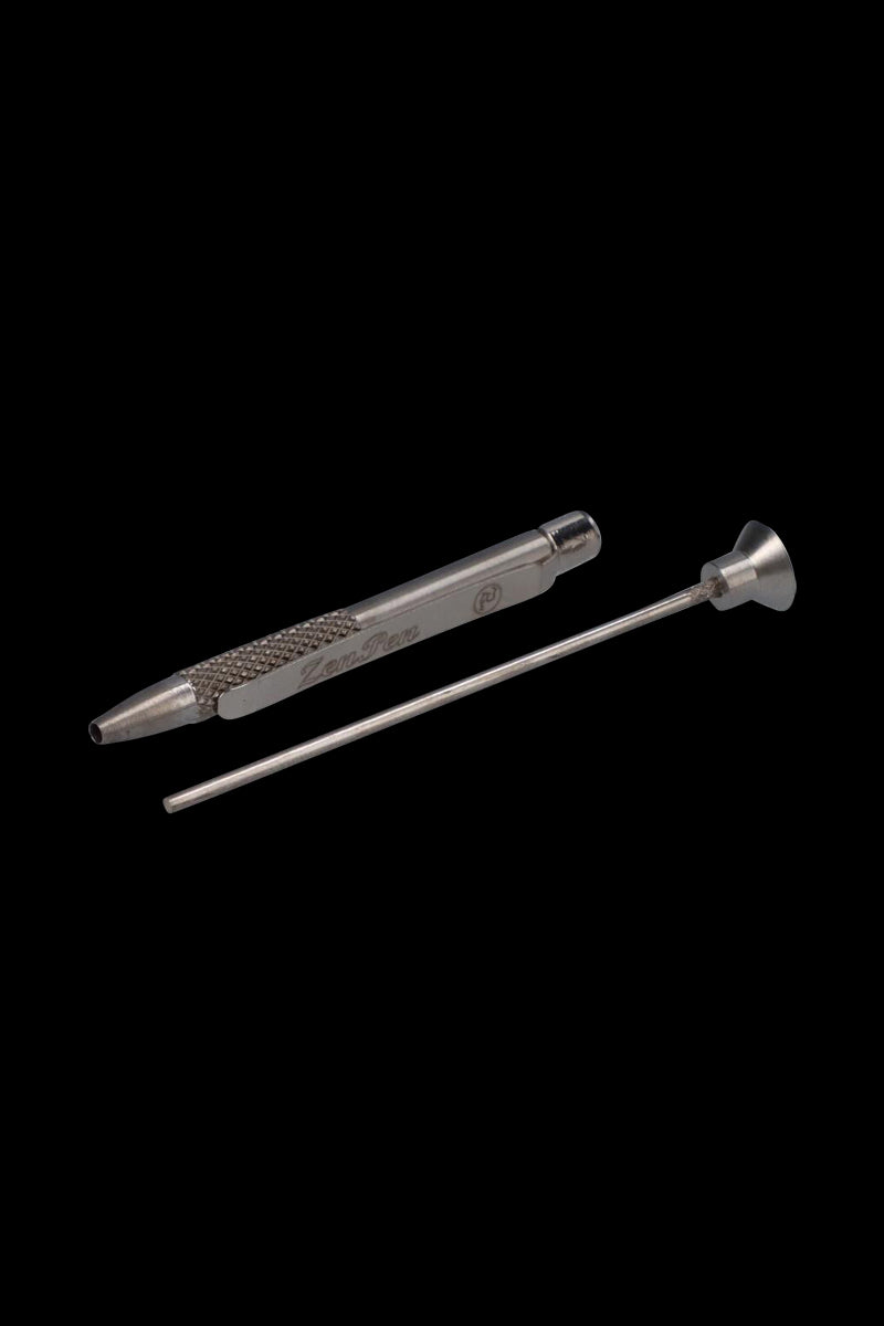 Angled close-up of a stainless THGC ZenPen and its thin metal dab tool resting on a black background