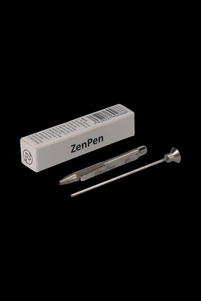 Angled top-down view of a white box and two stainless tools labeled THGC ZenPen against a black background