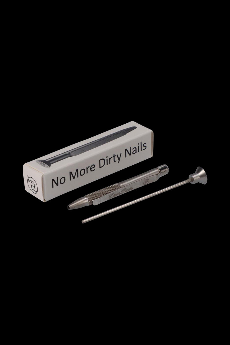 Angled studio shot of the stainless steel THGC ZenPen with its rod and funnel beside the white "No More Dirty Nails" box on black background