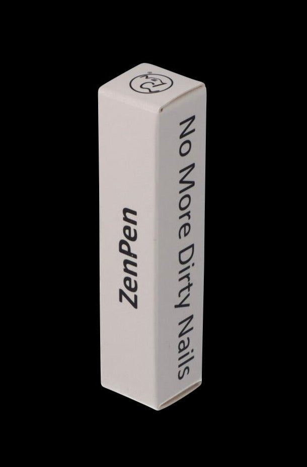 Angled front view of the white THGC ZenPen box standing upright on a black background with "ZenPen" and "No More Dirty Nails" text visible.