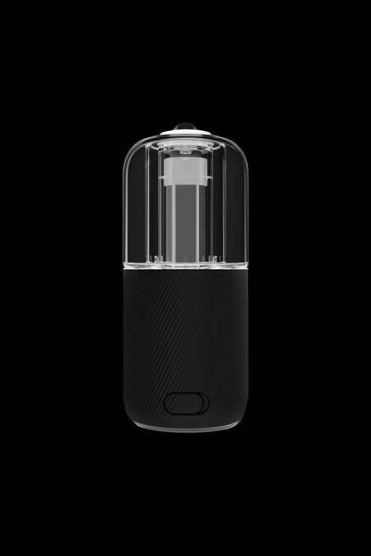 Sleek, black cannabis vaporizer with a clear, cylindrical chamber.