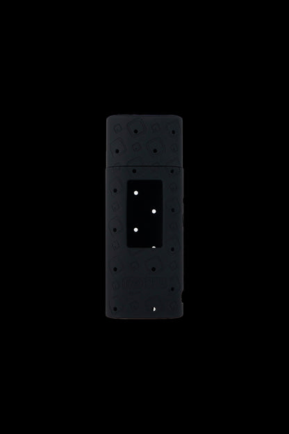 Black silicone case for a cannabis vape pen, decorated with smiling face patterns.