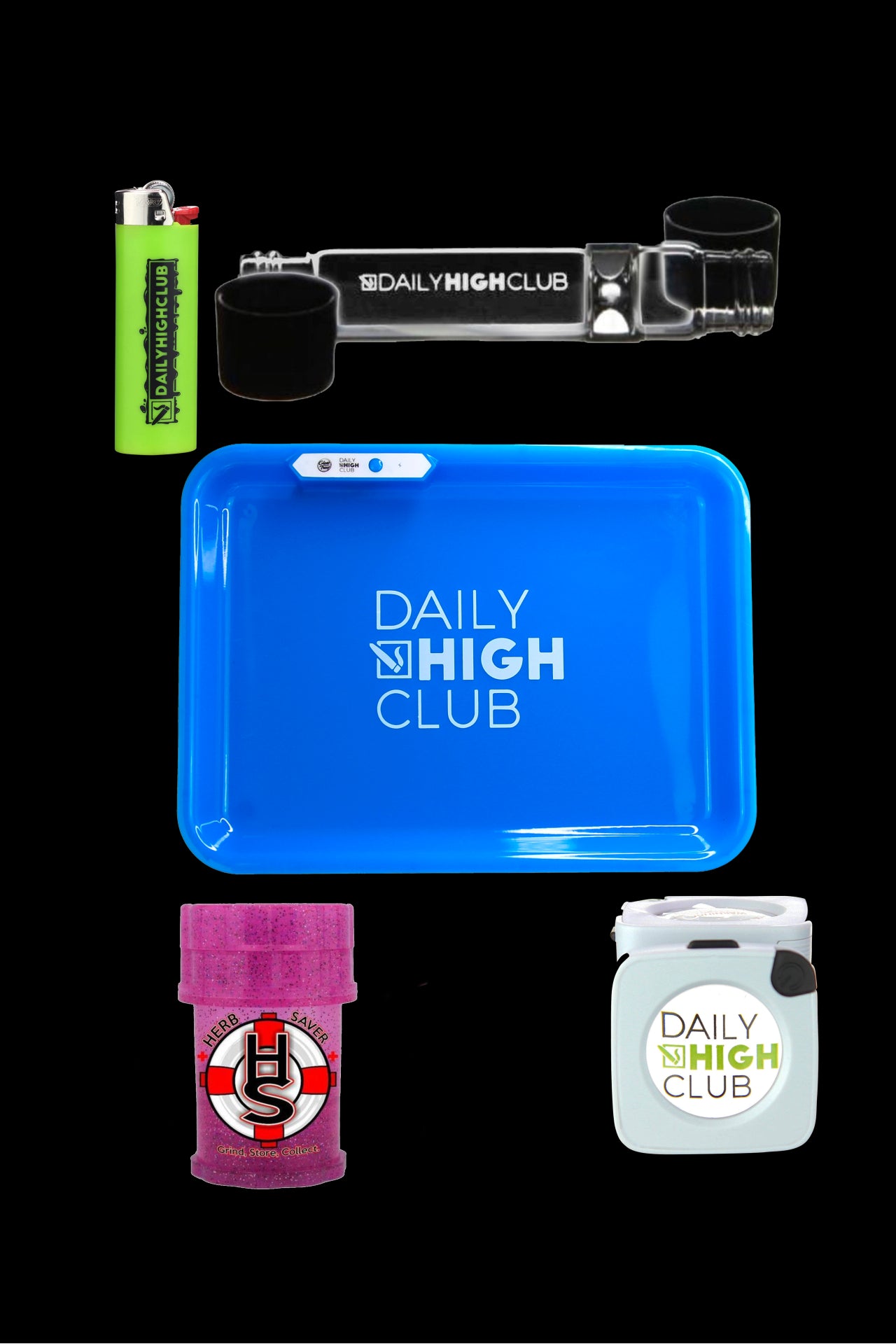 A flat lay of cannabis accessories including a lighter, rolling papers, a grinder, and a storage container, all branded with "DAILY HIGH CLUB" on a blue background.