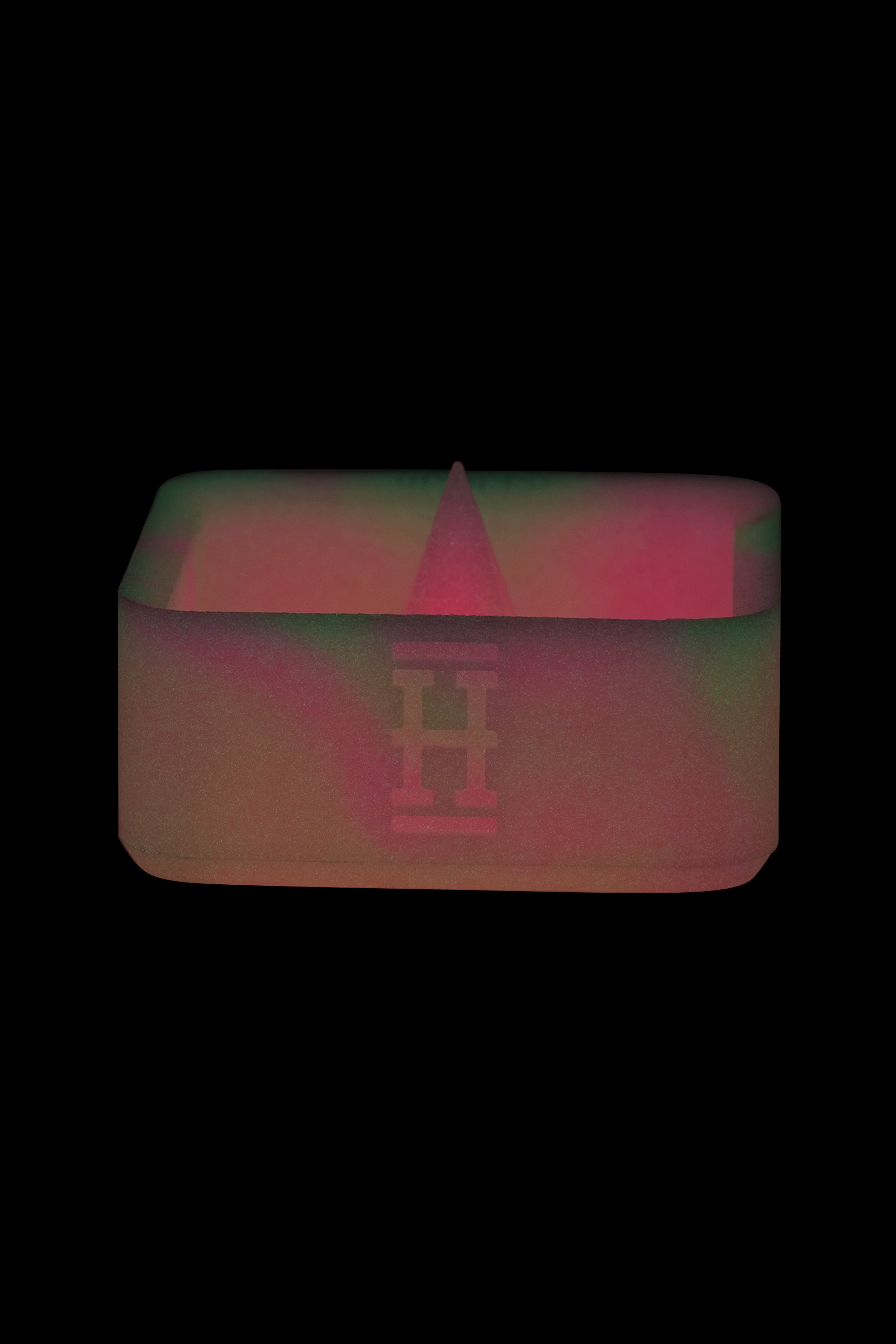 Neon red and green cannabis storage container.