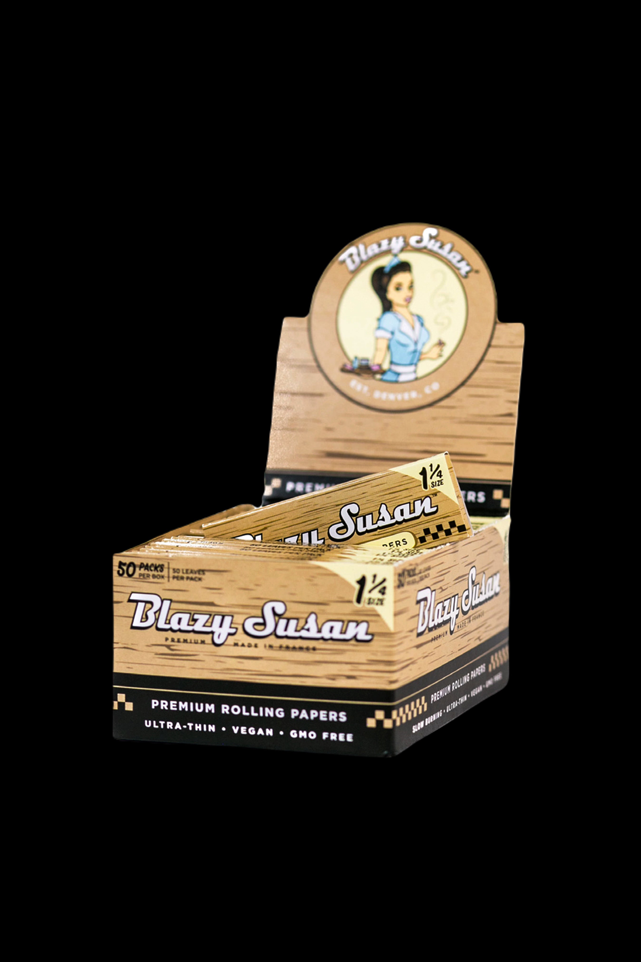 Pack of “Blazy Susan” premium rolling papers with vintage-style branding.