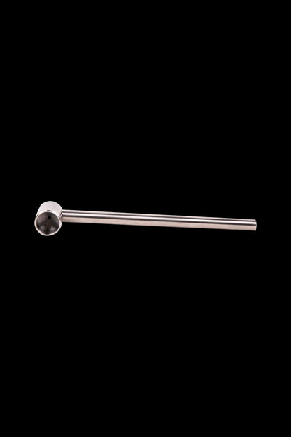 Silver one-hitter pipe with a rounded bowl and long, slender stem against a black background.