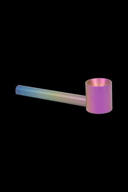 Iridescent metal cannabis pipe with a long, cylindrical stem.