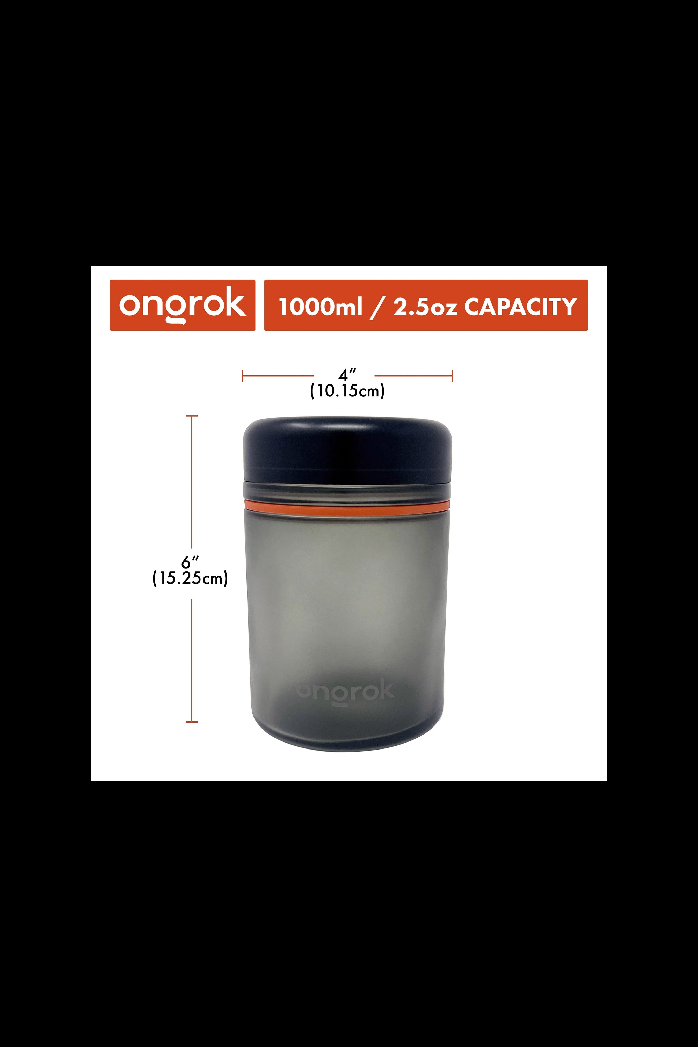 Onrok cannabis storage jar with dimensions displayed, featuring a dark grey container with an orange lid and labeling indicating 1000ml / 2.5oz capacity.