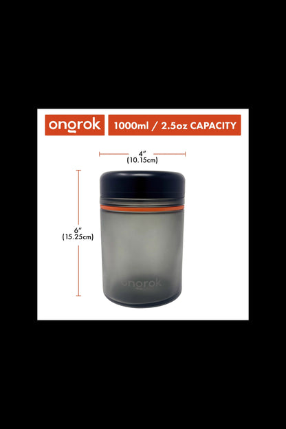 Onrok cannabis storage jar with dimensions displayed, featuring a dark grey container with an orange lid and labeling indicating 1000ml / 2.5oz capacity.