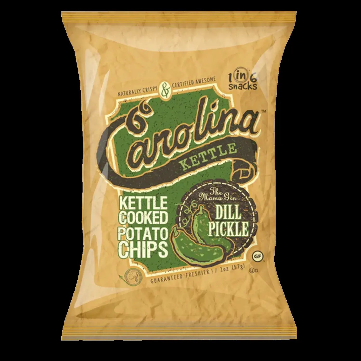 Carolina Kettle Dill Pickle potato chips bag, likely displayed alongside cannabis products.