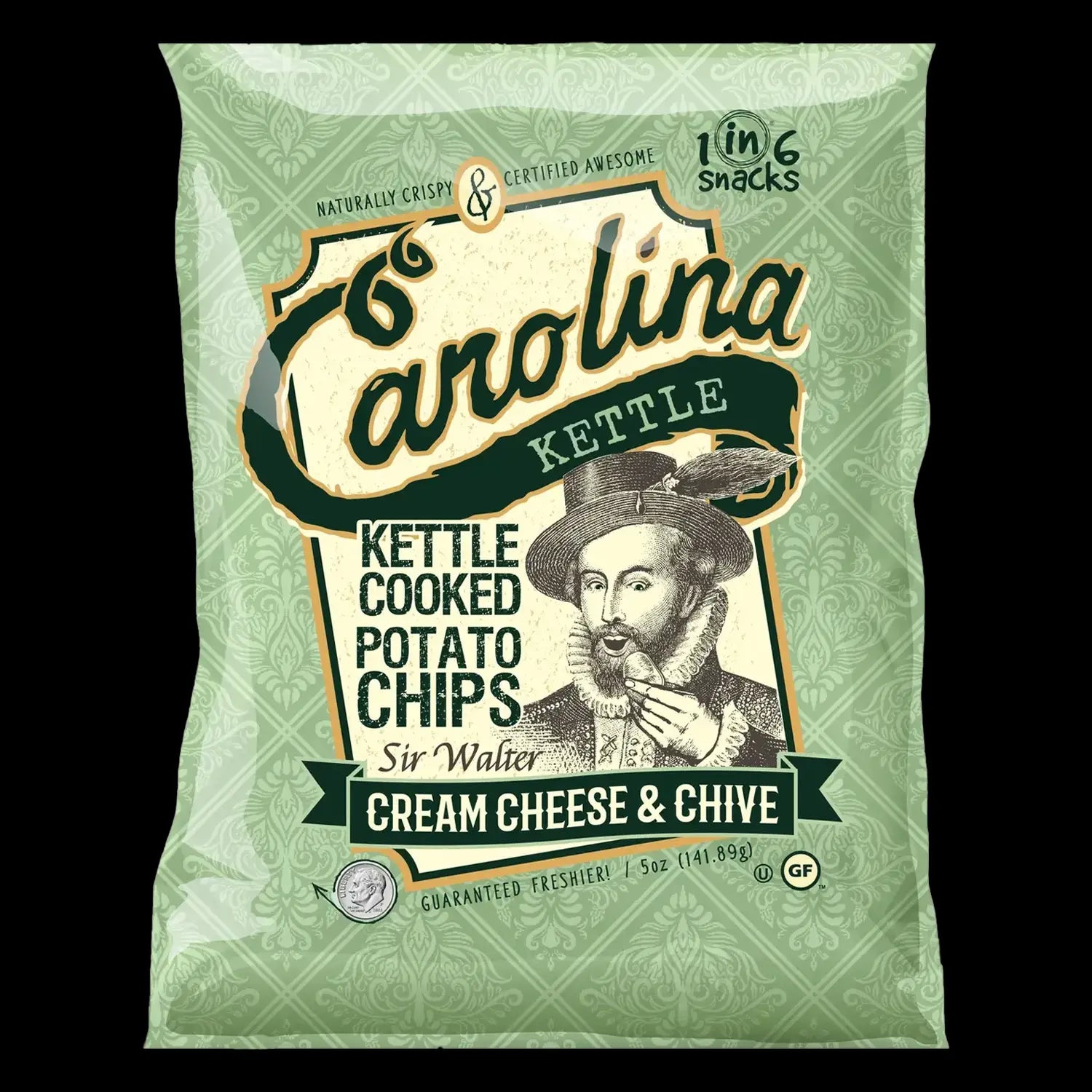 A bag of “Sir Walter Cream Cheese & Chive” Carolina Kettle Cooked Potato Chips, with a portrait of Sir Walter Raleigh on the front, hinting at a playful association with cannabis culture.