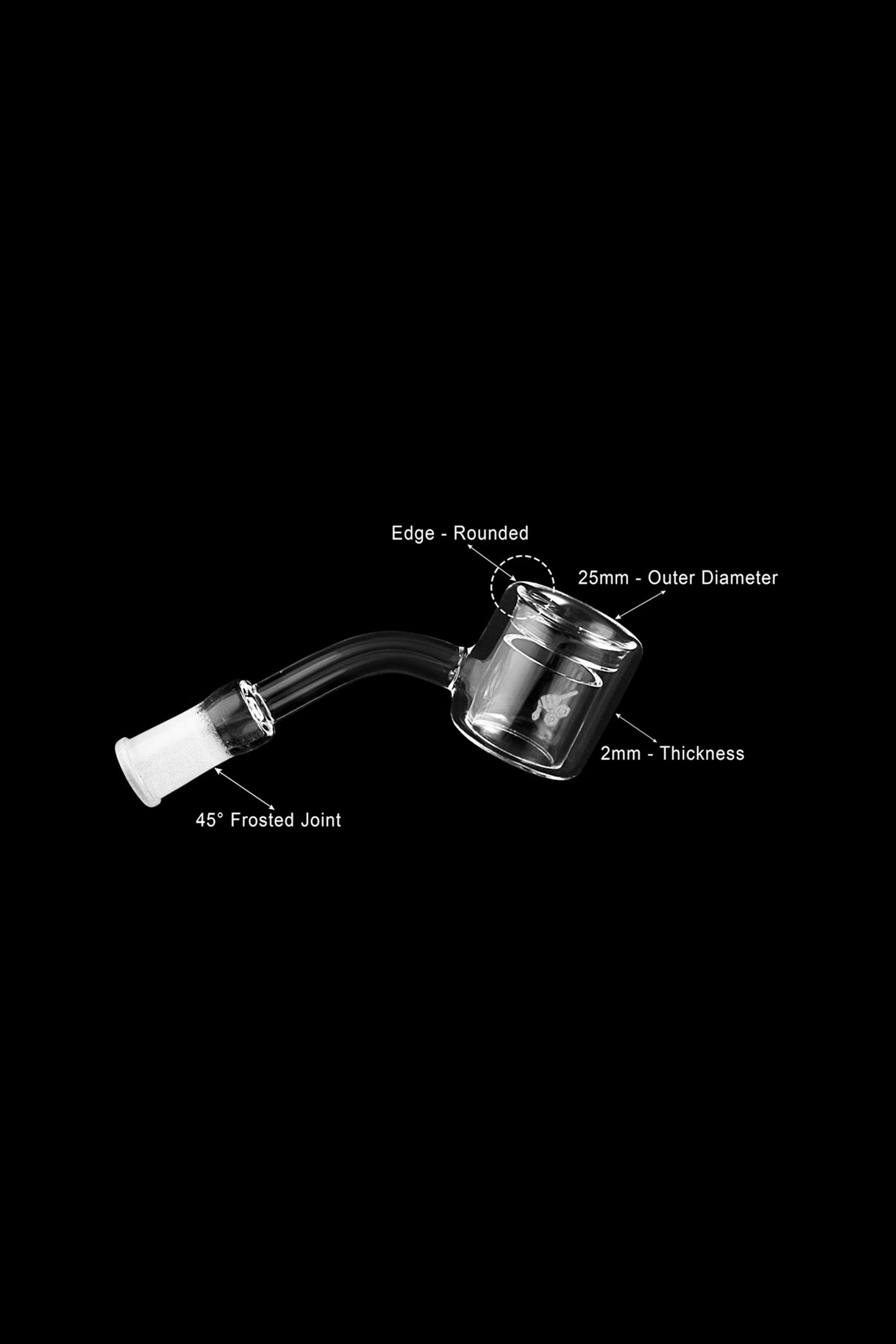 Glass cannabis oil rig with measurements indicating a 25mm outer diameter, 2mm thickness, rounded edge, and 45-degree frosted joint.