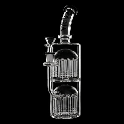 Studio-lit frontal view of the Croia Glass 11" Double Tree Perc Scientific Glass Bong showing its clear curved neck, twin tree percs and reflected base against a black background